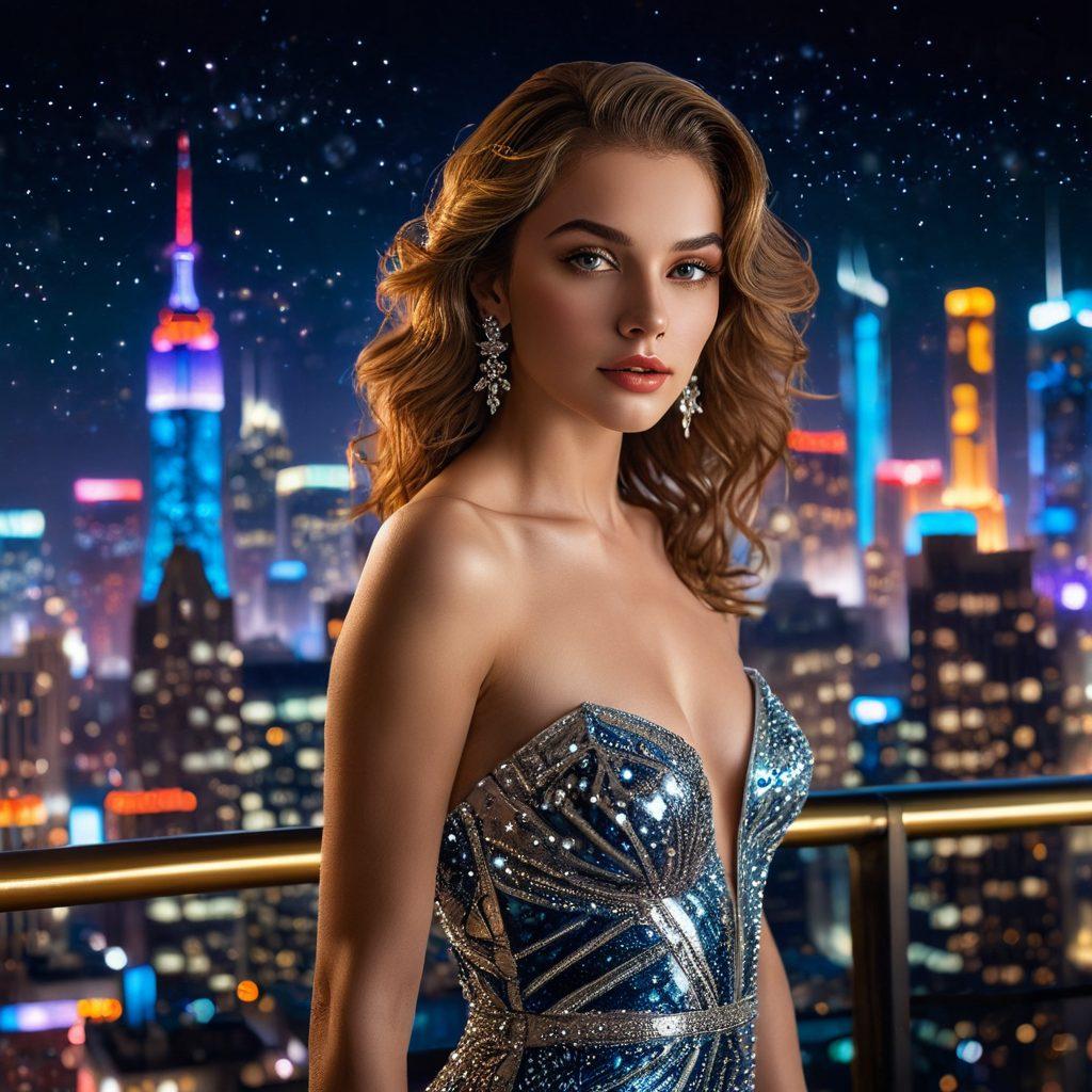 A glamorous scene featuring a seductive starlet with captivating eyes and a confident pose, surrounded by shimmering stars and bright lights of a vibrant city skyline. The background consists of an opulent film set with colorful spotlights and soft-focus effects to enhance allure. The overall atmosphere reflects both elegance and the glitzy lifestyle of stardom. super-realistic. vibrant colors. cinematic.